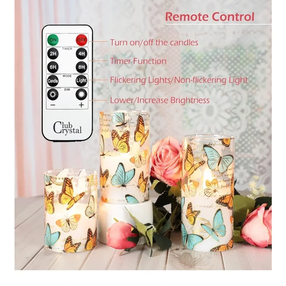 Crystal Club Glass Flameless Candles, Butterfly Decor Flickering Battery 009